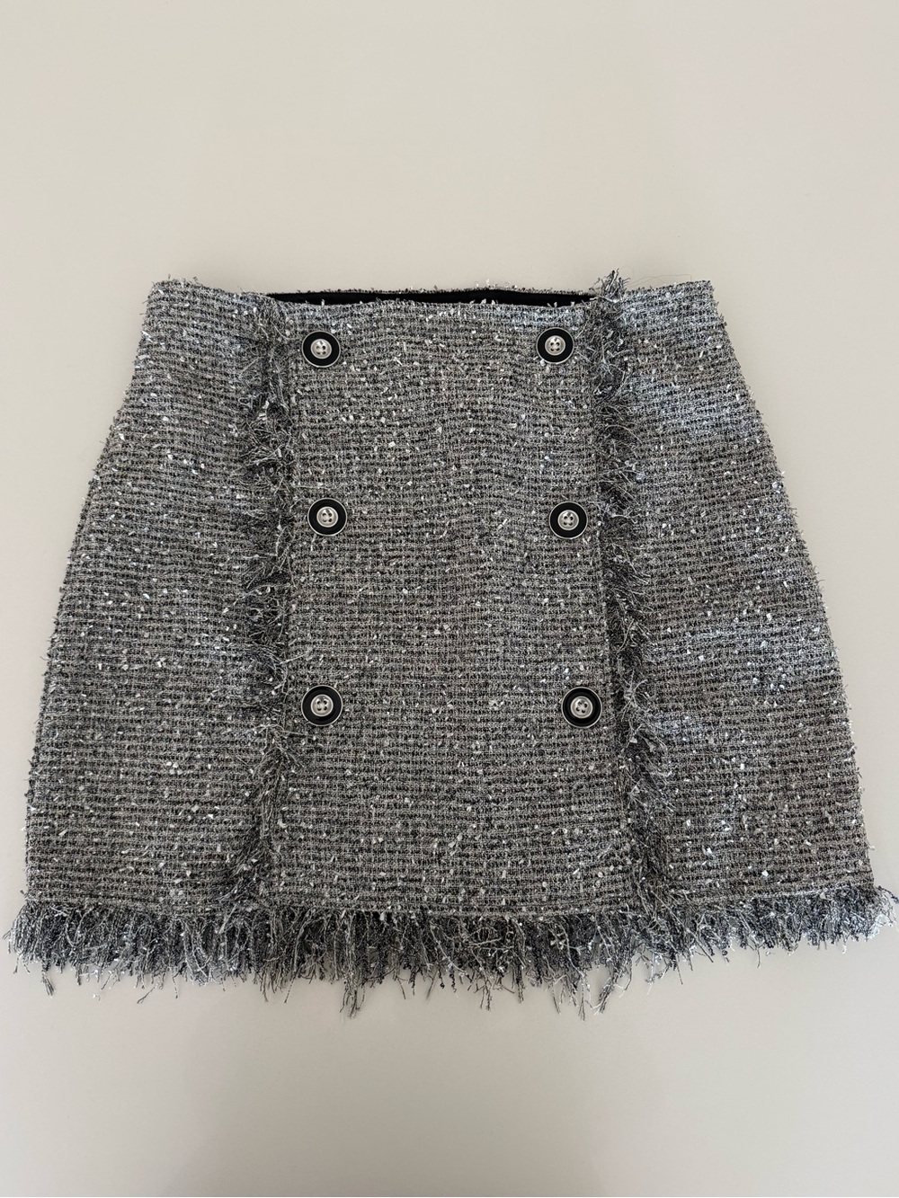 NWT A Loves A 8 Metallic Tweed Fringe High Rise Button Front A-Line Mini Skirt